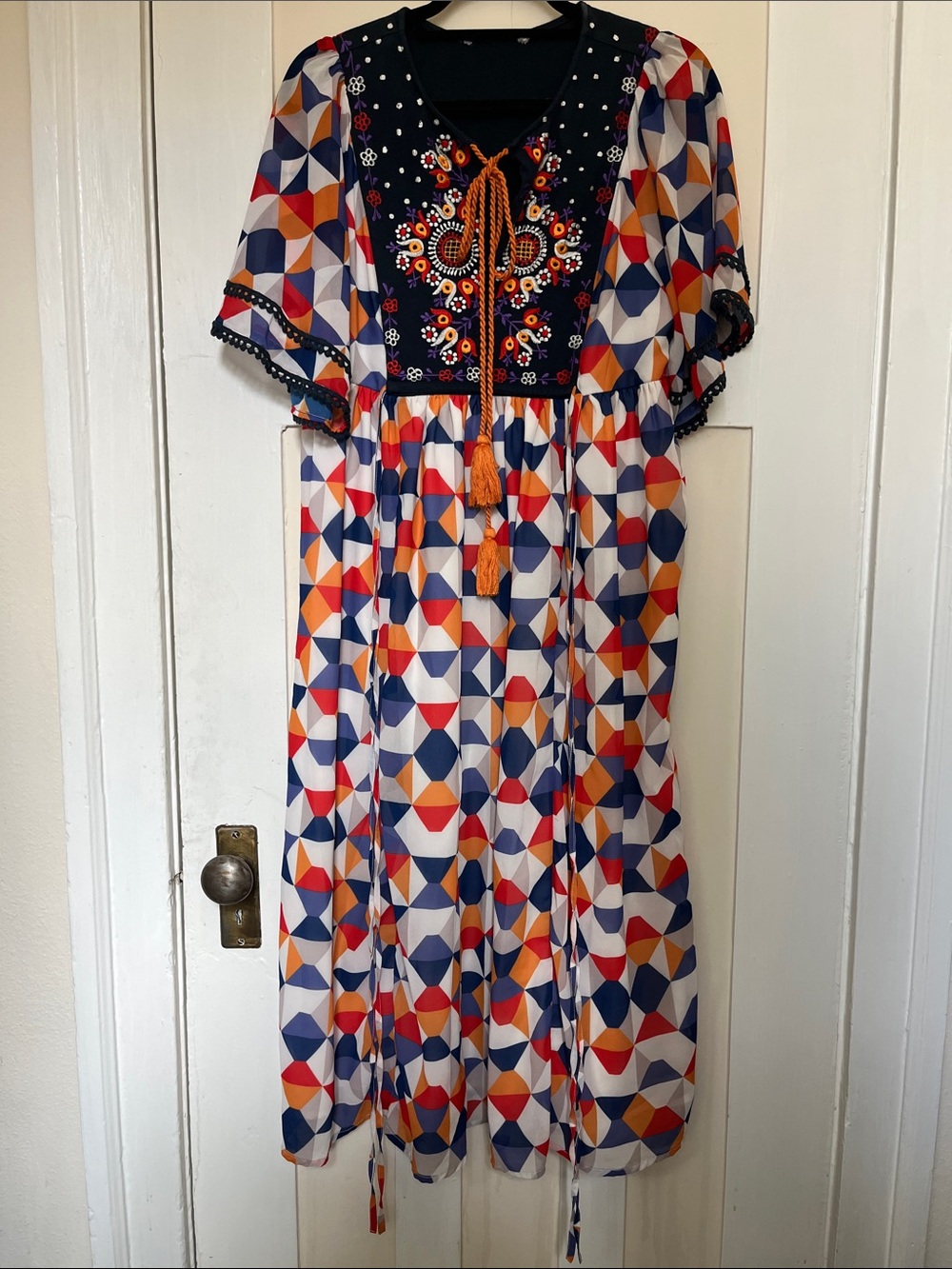 Embroidered Polyester/Cotton Geometric Wayward Fancies Maxi Dress